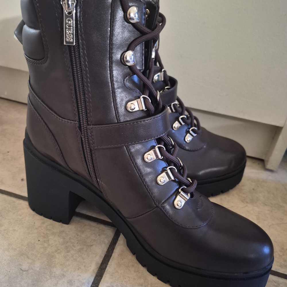 GUESS Dark Brown Lace-Up Block Heel Combat Boots